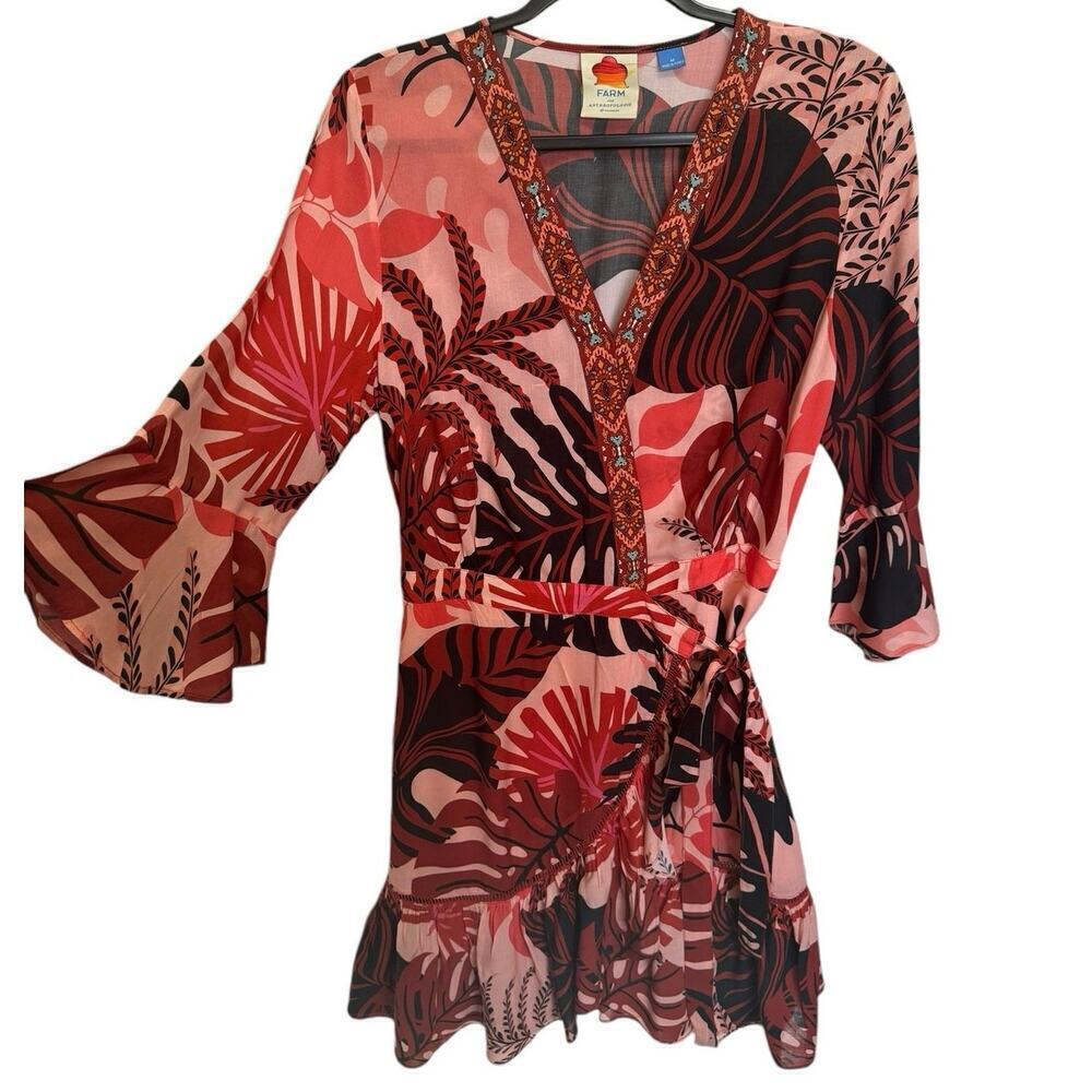Farm Rio NWOT Bruxelles Dress Ruffles Wrapped Mini Orange Brown Size Medium - Picture 4 of 12